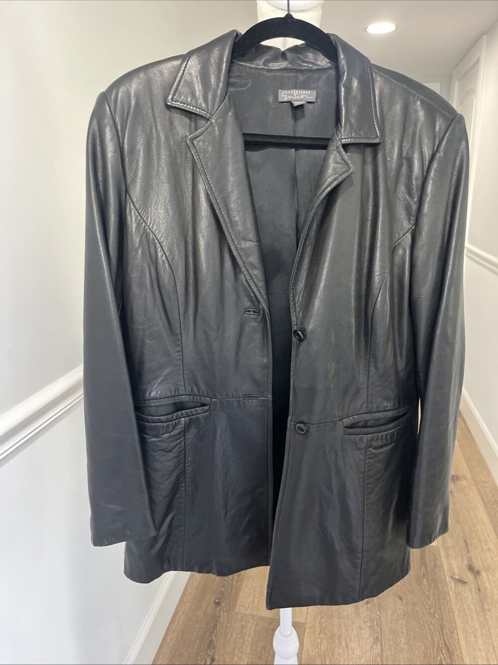 Nordstrom Classiques Entier Black Leather Fitted Lined Coat Jacket Petite 10